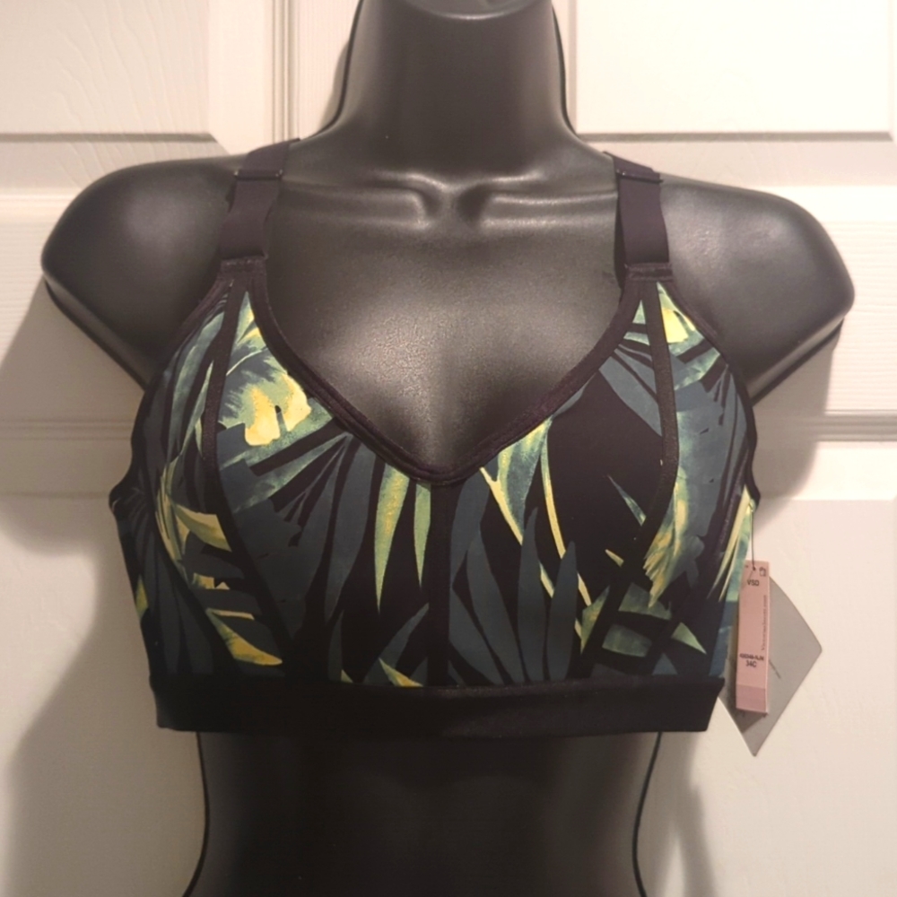 Victoria's Secret Sport Bra 34C Palm Leaves Tropical Green Black Strappy
